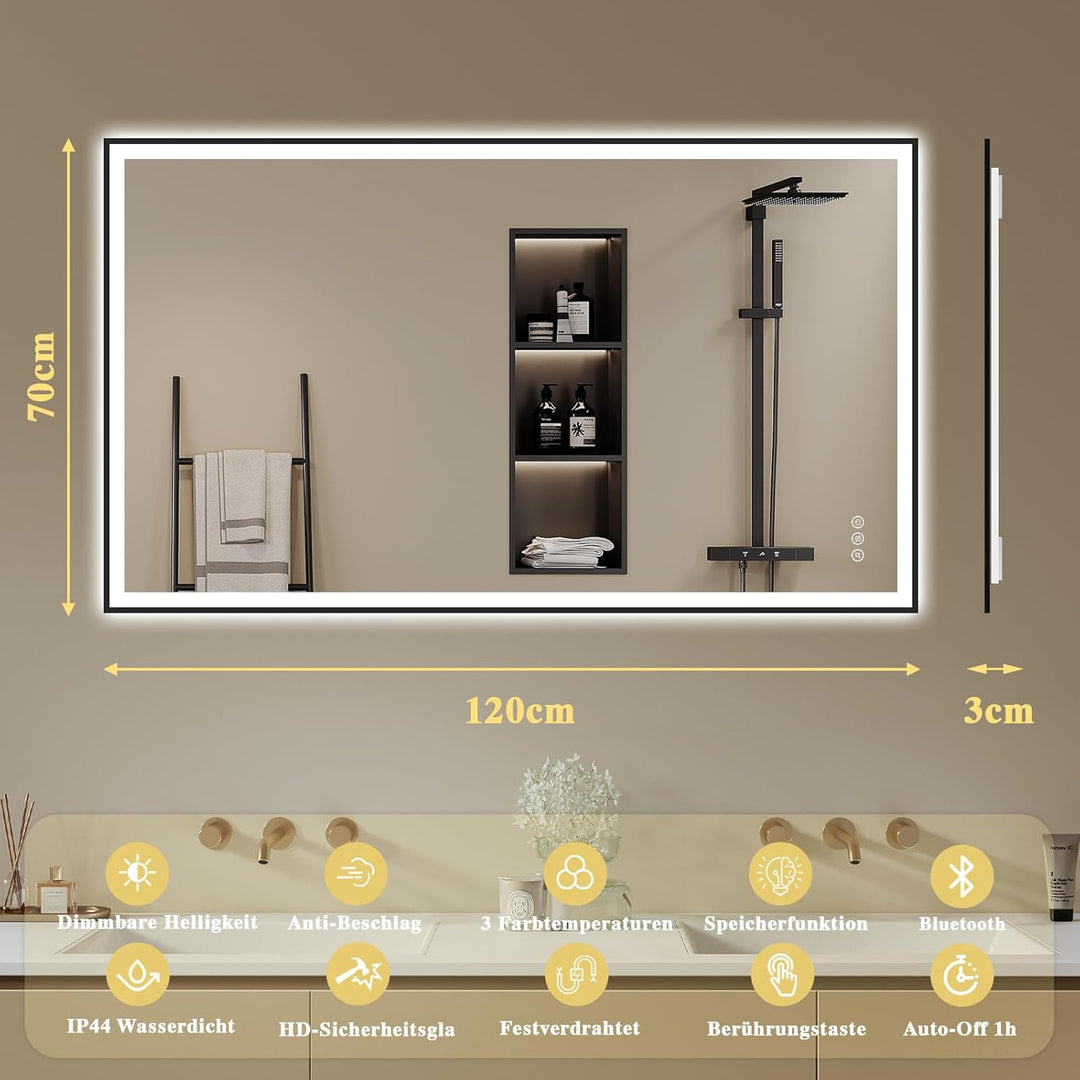 Badspiegel-mit-Beleuchtung 120x70cm - LED Badezimmerspiegel mit Bluetooth - Badezimmer Spiegel mit B