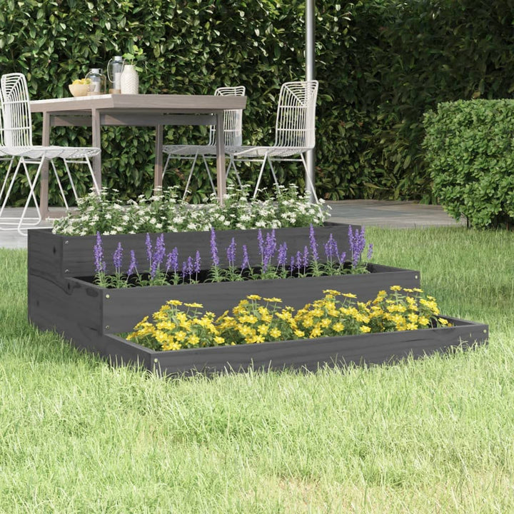 FIRBNUS Pflanzkübel Grau 78x78x27 cm Massivholz Kiefer Blumenkasten Treppenstufen-Design Gartenpflan