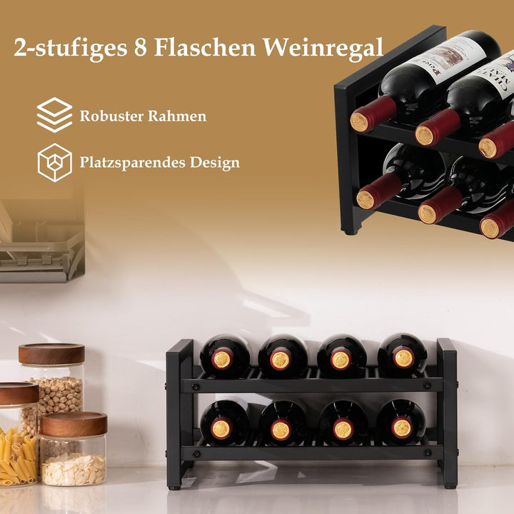 COSTWAY Weinregal Metall, Flaschenregal mit 2 Ablagen, für bis zu 8 Flaschen, Flaschenständer schwar