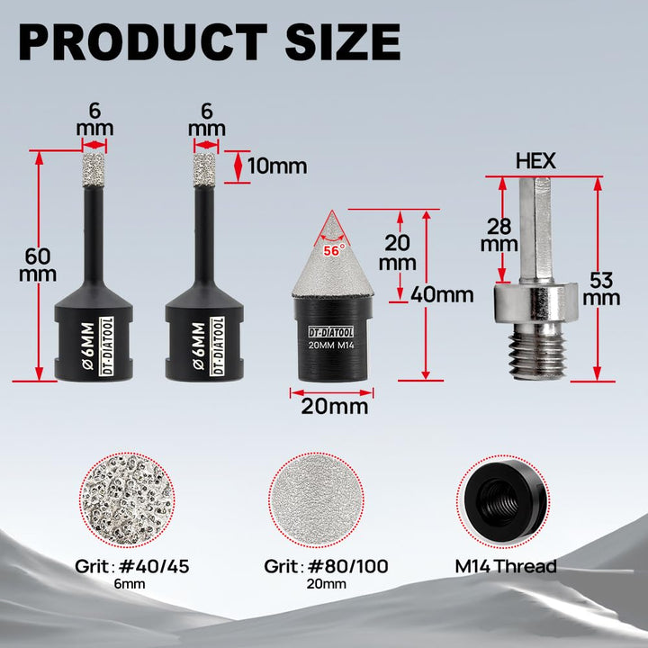 DT-DIATOOL Diamant-Bohrer-Set 6/6mm und 20mm Diamant-Fasenbohrer mit Sechskantadapter für Porzellan