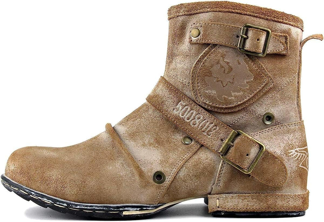 OSSTONE Herren Leder chukkastiefel Worker Biker Boots-Motorrad-Leder-Schuhe für reissverschluss Schn