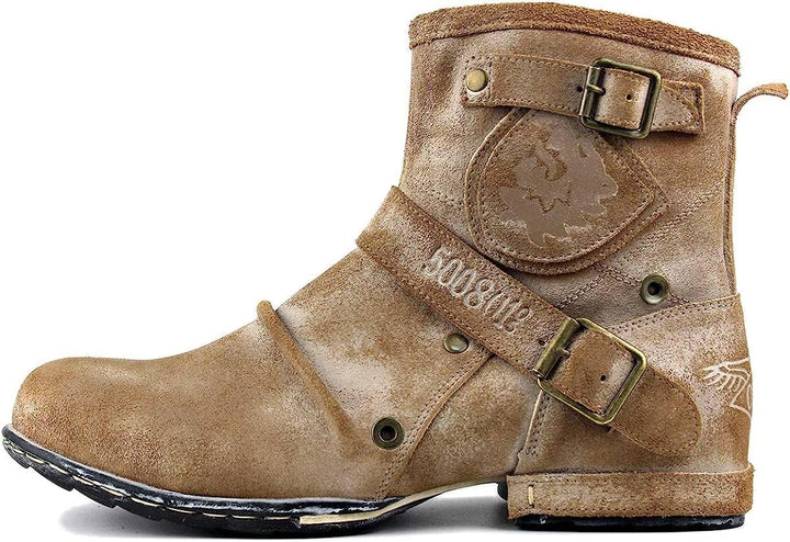 OSSTONE Herren Leder chukkastiefel Worker Biker Boots-Motorrad-Leder-Schuhe für reissverschluss Schn