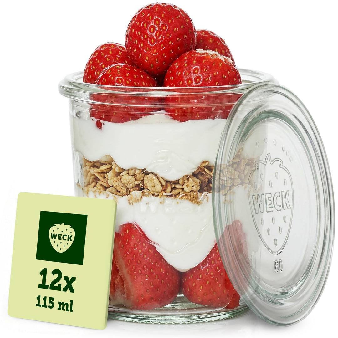 Weck Gläser 140ml – 12er Set mit Deckeln – Sturzform – robuste, stapelbare Dessertgläser, Einkoch- &