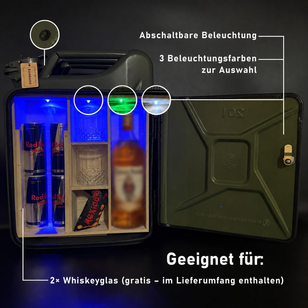 20L Kanister Mini Bar Premium I Maximal personalisierbar mit Gravur & LED Beleuchtung I 2 Whiskygläs