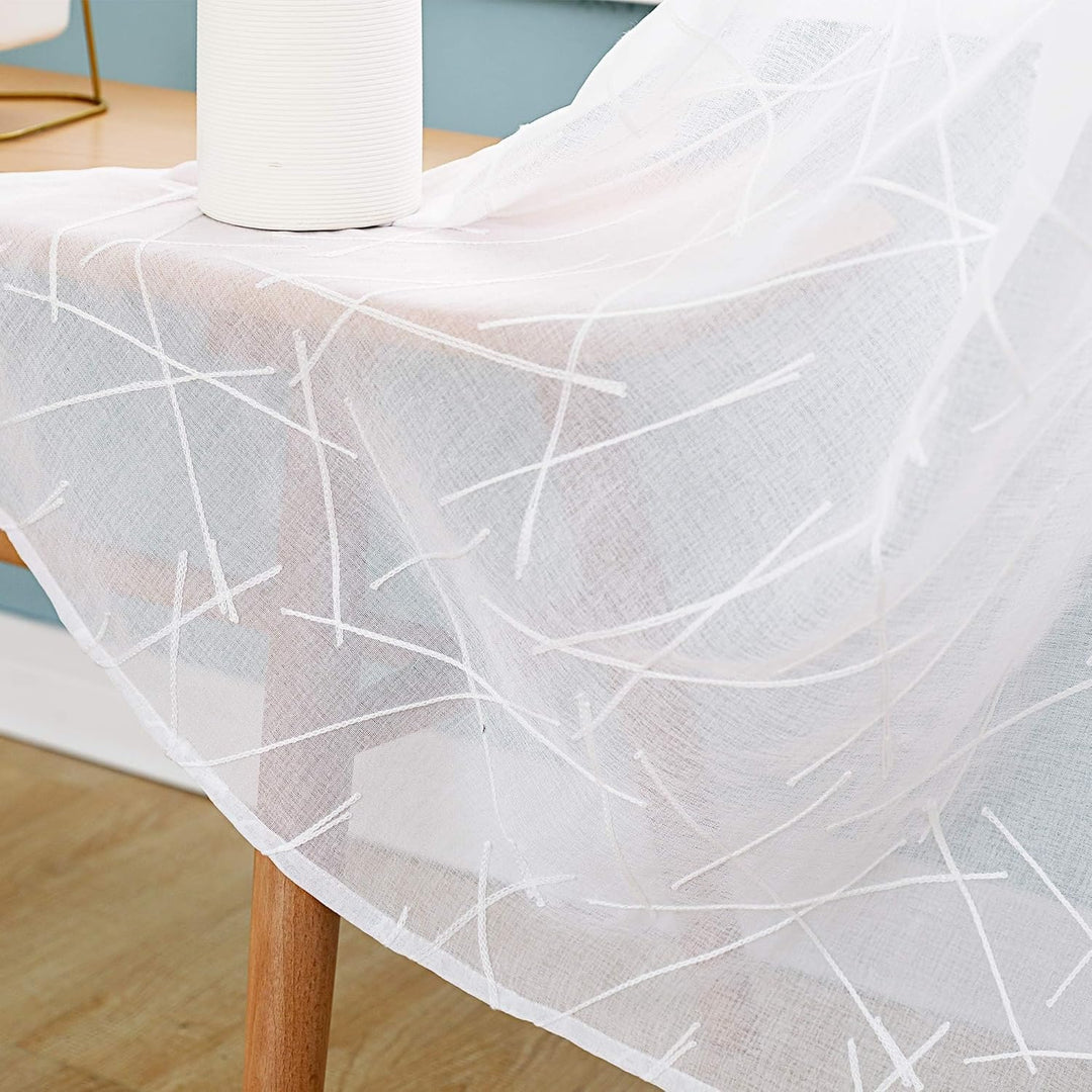 Deconovo Voile Vorhang Leinenoptik Ösenvorhang Transparent Dekoschal mit Stickerei Linie, 245x140 cm