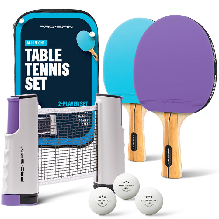 PRO-SPIN Tischtennisschläger Set - Mit Tischtennisnetz Für Jeden Tisch, Tischtennis bälle 3-Sterne,