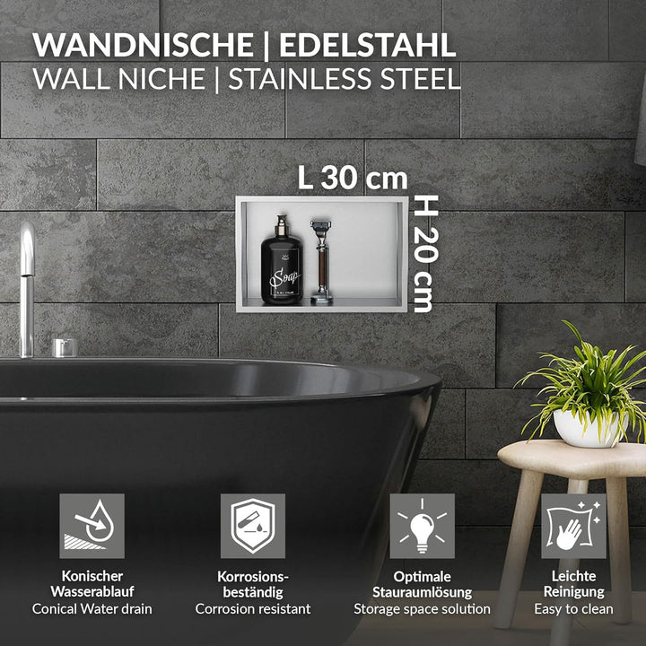 LuxeBath Wandnische aus Edelstahl, 20x30x10 cm, Silber, Duschnische mit Rahmen, Einbauregal, Flexibl
