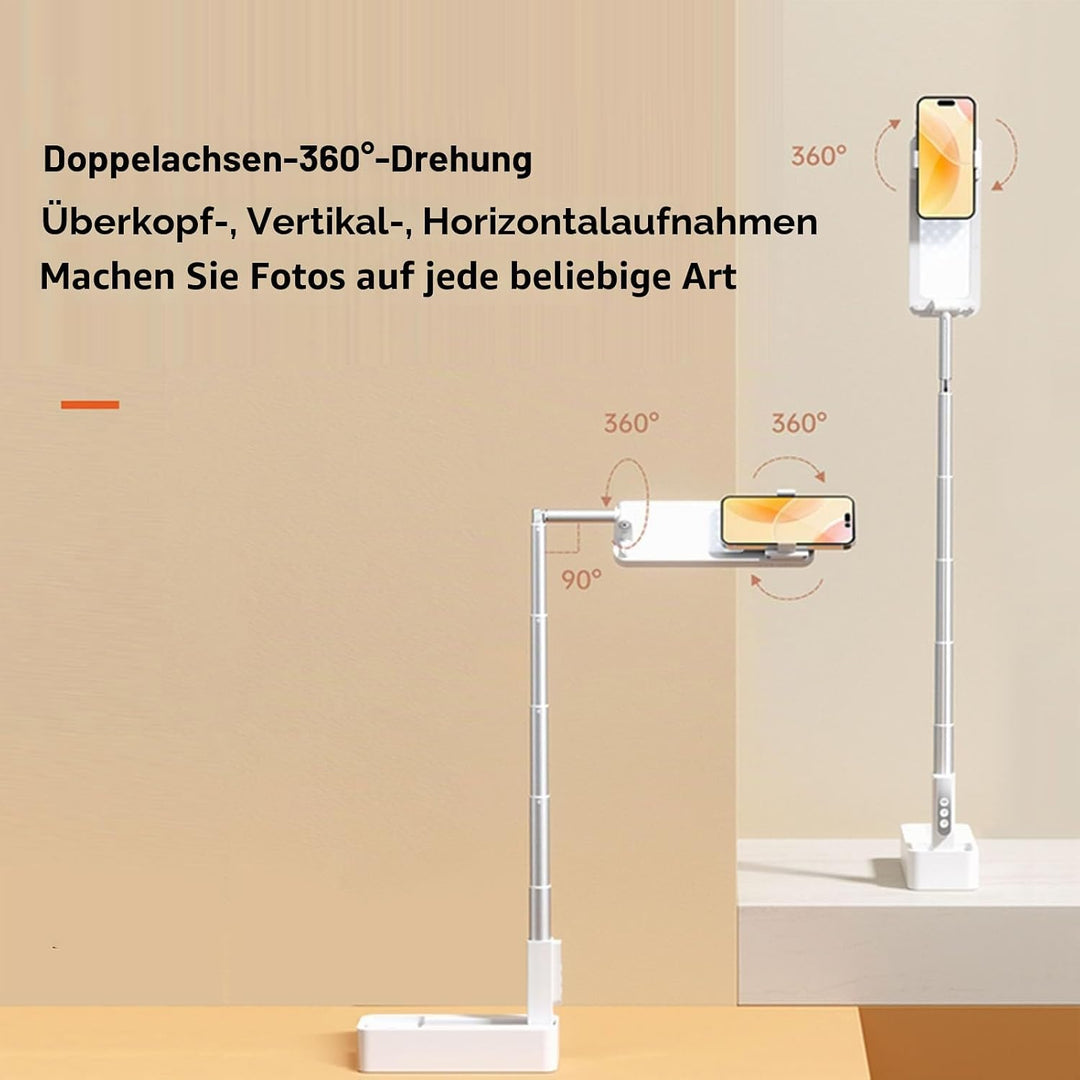 Ausziehbarer Selfie Ständer, mit LED Licht mit 5 Helligkeiten, um 360° Drehbarer, Wiederaufladbarer