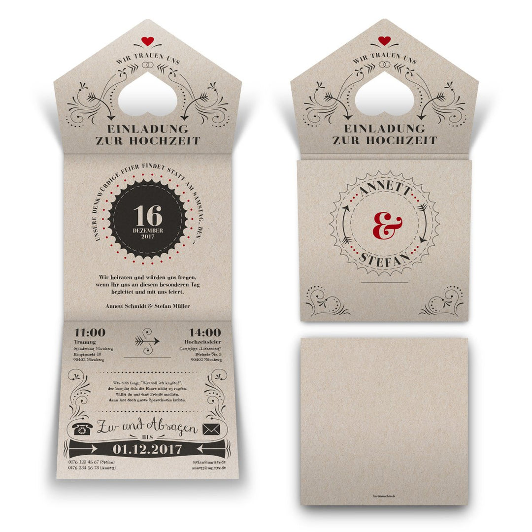 10 x Lasergeschnittene Hochzeit Einladungskarten - Vintage Retro Kraftpapier Einladung Steckbar, 10