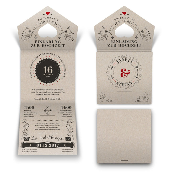 10 x Lasergeschnittene Hochzeit Einladungskarten - Vintage Retro Kraftpapier Einladung Steckbar, 10