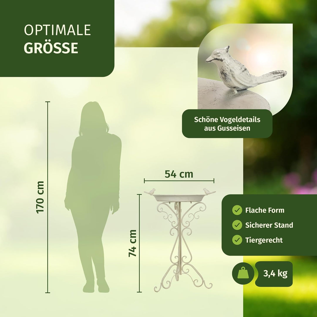 Moritz Vogeltränke Vogelbad weiss mit Zwei kleinen Vögeln auf der Wasserschale Höhe 74cm stehend Vog