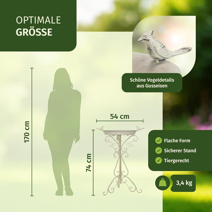 Moritz Vogeltränke Vogelbad weiss mit Zwei kleinen Vögeln auf der Wasserschale Höhe 74cm stehend Vog