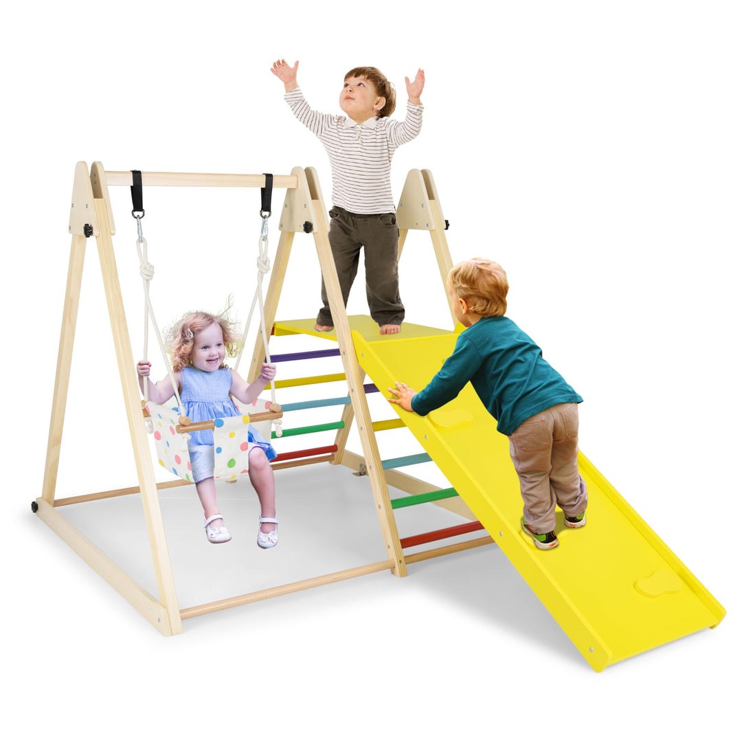 COSTWAY Klettergerüst Indoor, 4 in 1 Schaukel & Ruheplattform & Kletterrampe & Leiter, Kletterset zu