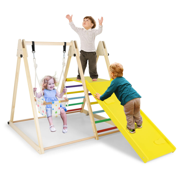 COSTWAY Klettergerüst Indoor, 4 in 1 Schaukel & Ruheplattform & Kletterrampe & Leiter, Kletterset zu