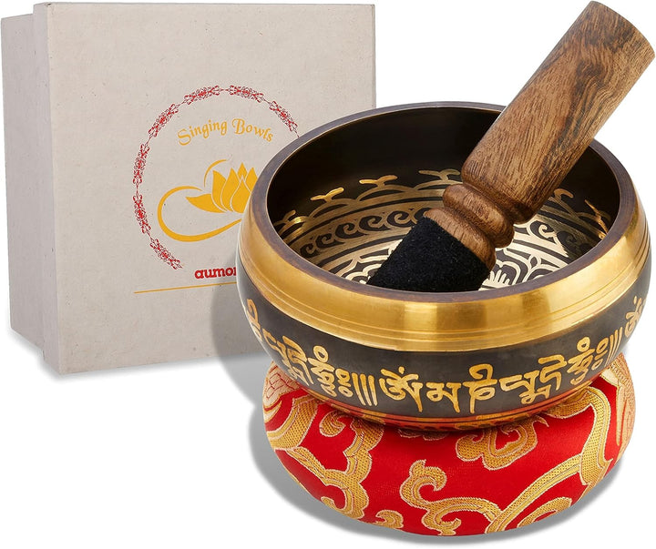 Tibetische Klangschale Set, mit Klöppel und Klangschalenkissen in Loktapapier Geschenk-Box. Singing