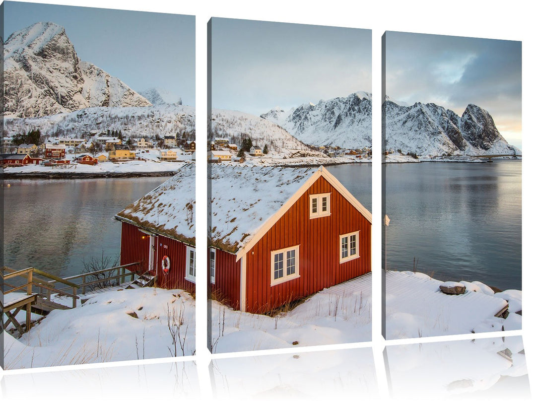 Pixxprint Fischerhaus Lofoten als Leinwandbild/Grösse: 3Teilig / Wandbild/Kunstdruck/fertig bespannt