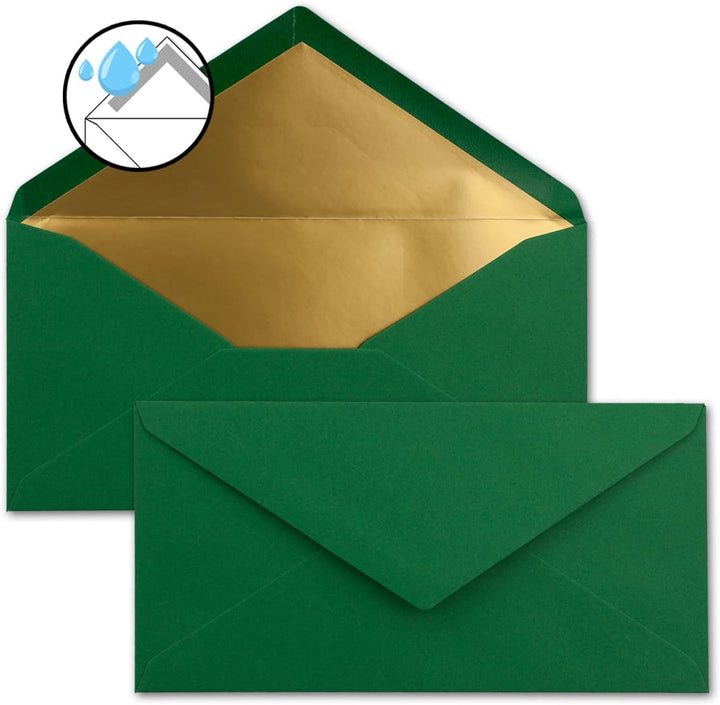 75 Brief-Umschläge DIN Lang - Dunkelgrün mit Gold-Metallic Innen-Futter - 110 x 220 mm - Nassklebung