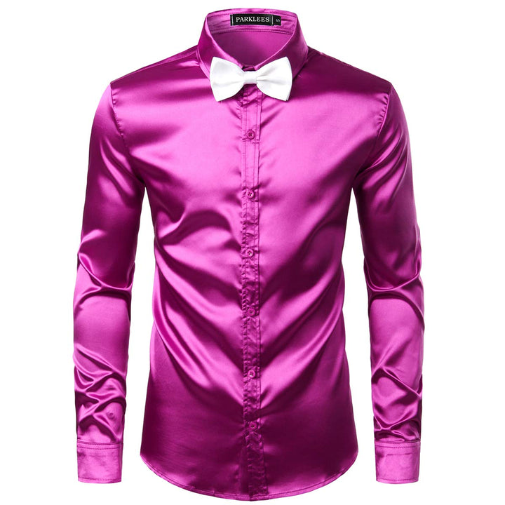 PARKLEES Herren Glänzend Slim Fit Satin Langarmhemd Frezeit Business Hemd für Party Nachtclub M Lila