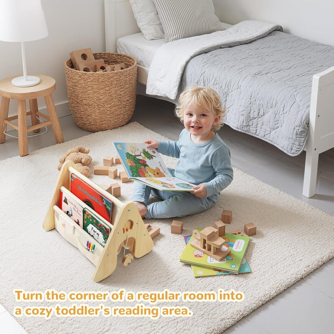 Bücherregal Kinder mit Doppelter Seite, Dreieckige Kinderregal 4-stöckig Montessori Regal für Kinder