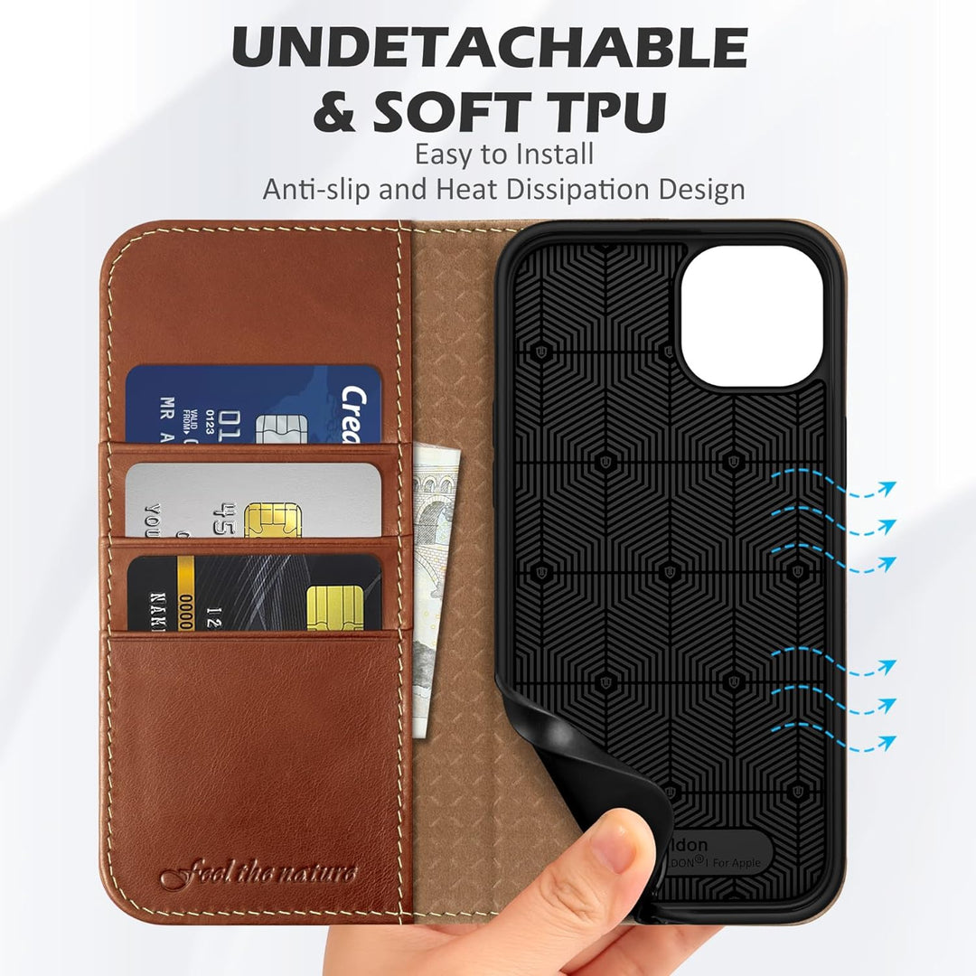 SHIELDON Hülle für iPhone 15 Plus, Handyhülle [Echtleder] [Kartenfach] [Magnet] [Standfunktion] [RFI