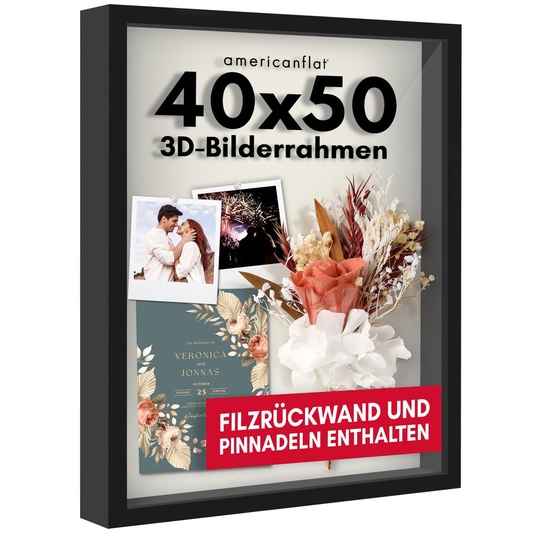 Americanflat 3D-Bilderrahmen zum Befüllen - 40x50 cm - tiefer Objektrahmen mit weichem Leinentuch al