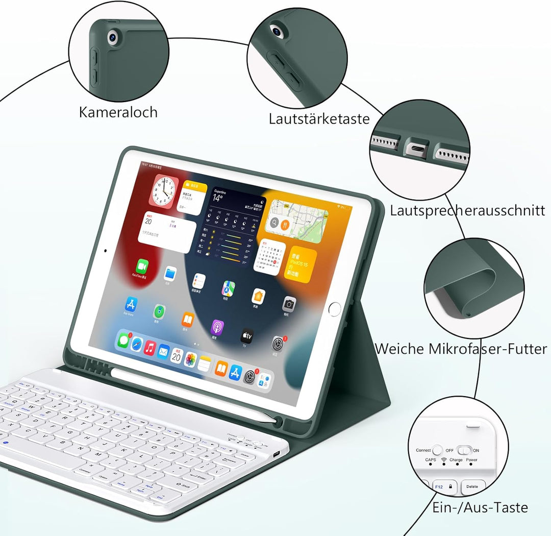 Tastatur Hülle für iPad 9./ 8./ 7.Gen (2021/2020/2019) mit Stifthalter, Soft TPU Schutzhülle, magnet
