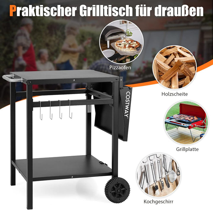 COSTWAY Grilltisch mit klappbarer Tischplatte, Beweglicher Campingtisch mit 2 Ablagen &amp; 4 Haken, Met