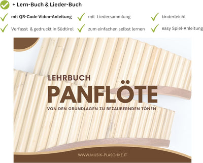 Plaschke Panflöte, Holzriemen Design, handgemacht mit Lehrbuch, 18 Rohre G-Dur 18 Tones G/Sol, 18 To