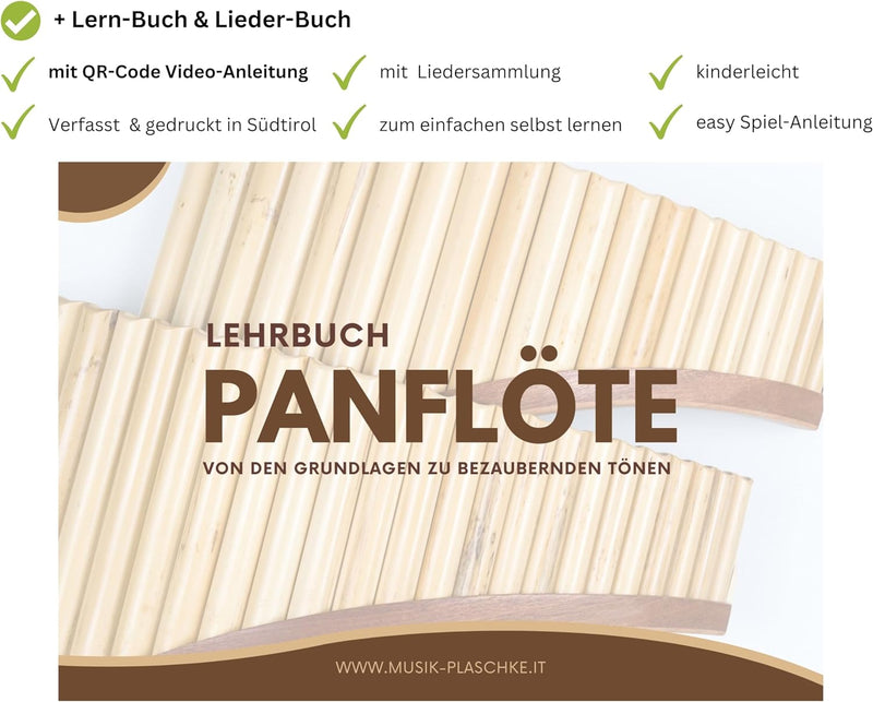Plaschke Panflöte, Holzriemen Design, handgemacht mit Lehrbuch, 18 Rohre G-Dur 18 Tones G/Sol, 18 To