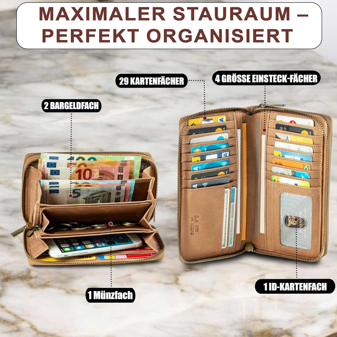 MATADOR Lange Damen Geldbörse XXL Frauen Portemonnaie TüV Geprüfter RFID Schutz Scheintasche Geldtas