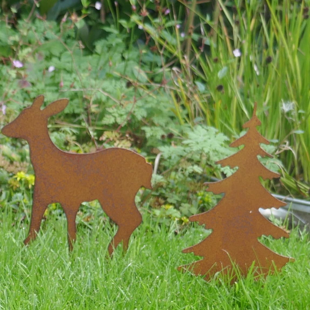 Gartenstecker Deko Rehe und Hirsche mit 2 Tannen in Rostpotik 5er Set - Weihnachtsdeko zum Basteln -
