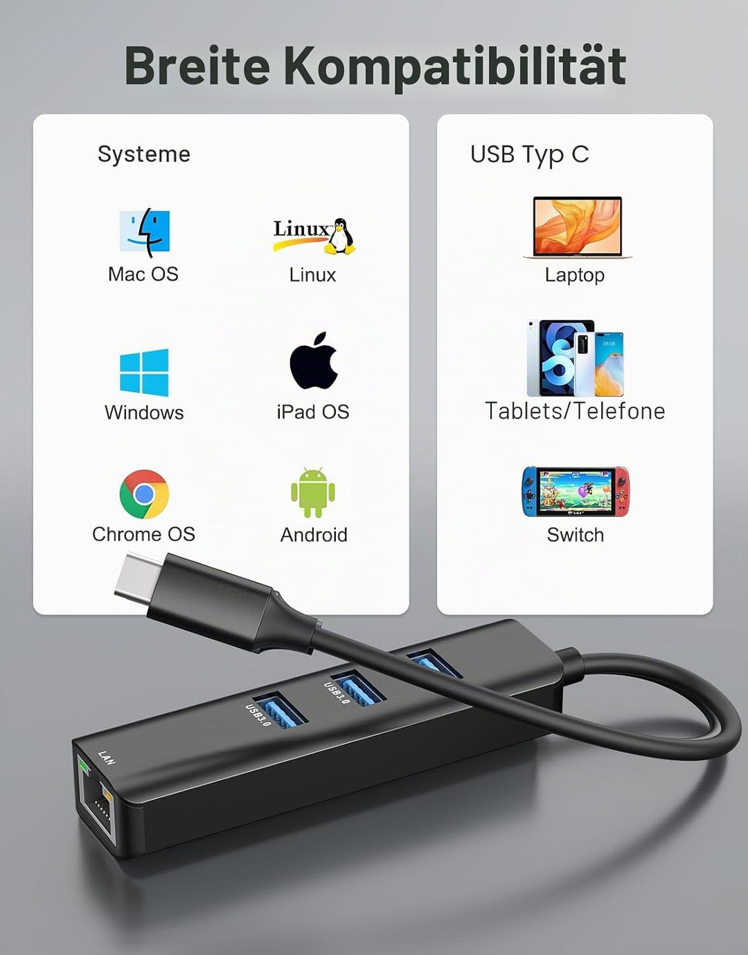 USB C zu Ethernet Adapter,ABLEWE 4-in-1 RJ45 zu USB-C/Thunderbolt 3 zu Gigabit Ethernet LAN Netzwerk
