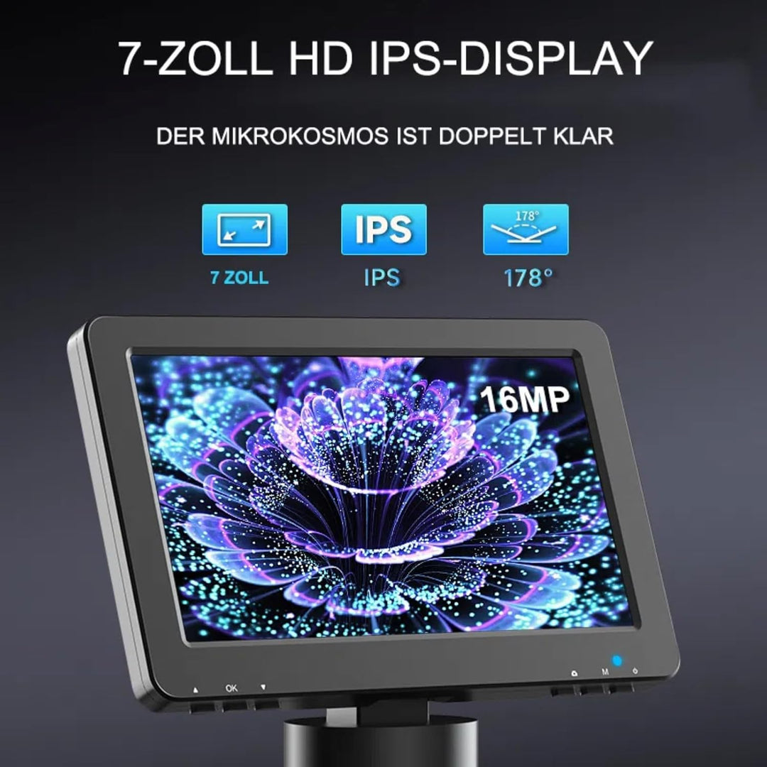 WADEO 7" LCD Digitalmikroskop 1200X, 1080P HDMI Videomikroskop mit Metallständer, LED Fülllichter, U
