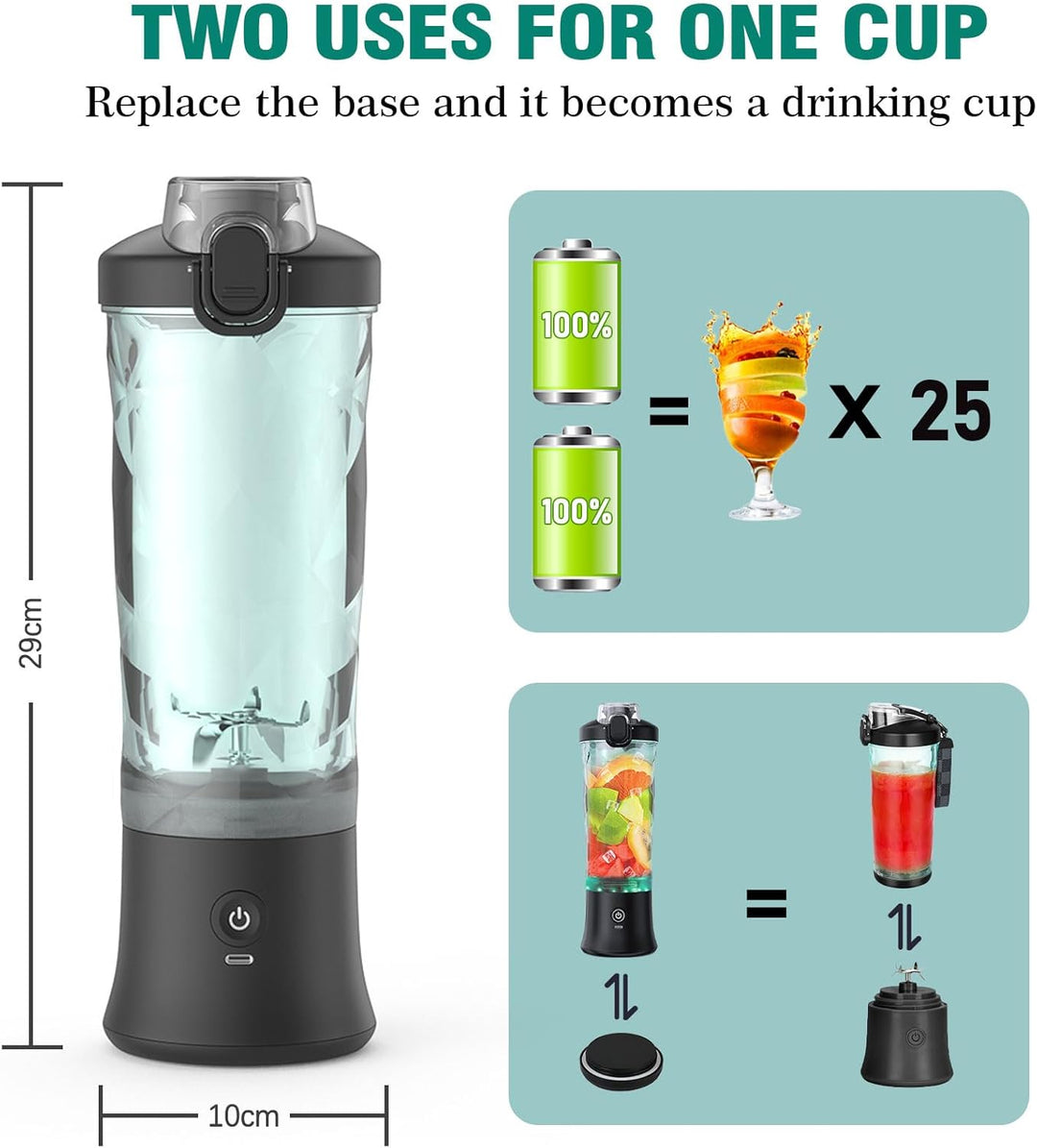 Tragbarer Mixer 600ml Smoothie Maker to Go, Tragbarer Entsafter mit 6 Klinge und USB Wiederaufladbar