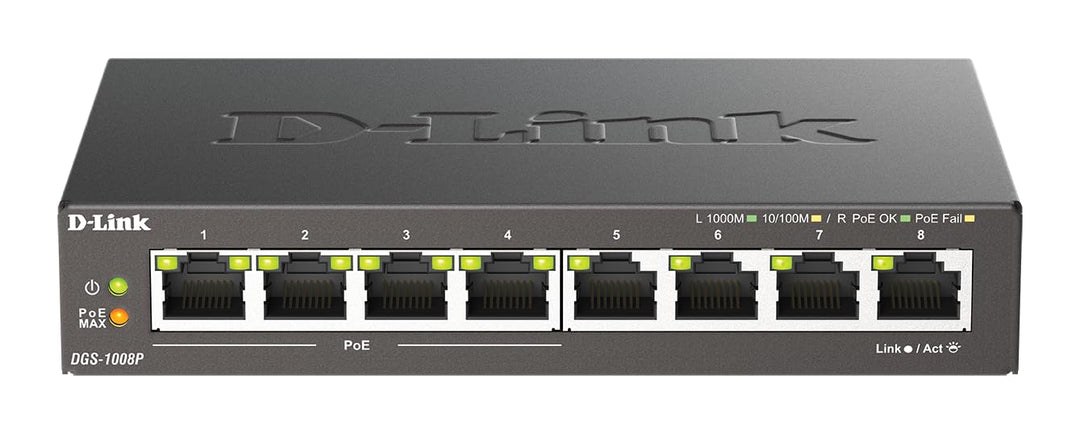 D-Link DGS-1008P, 8-Port Unmanaged PoE+ Gigabit Switch (8 Anschlüsse mit 10/100/1000 Mbit/s, 4 davon
