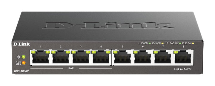 D-Link DGS-1008P, 8-Port Unmanaged PoE+ Gigabit Switch (8 Anschlüsse mit 10/100/1000 Mbit/s, 4 davon