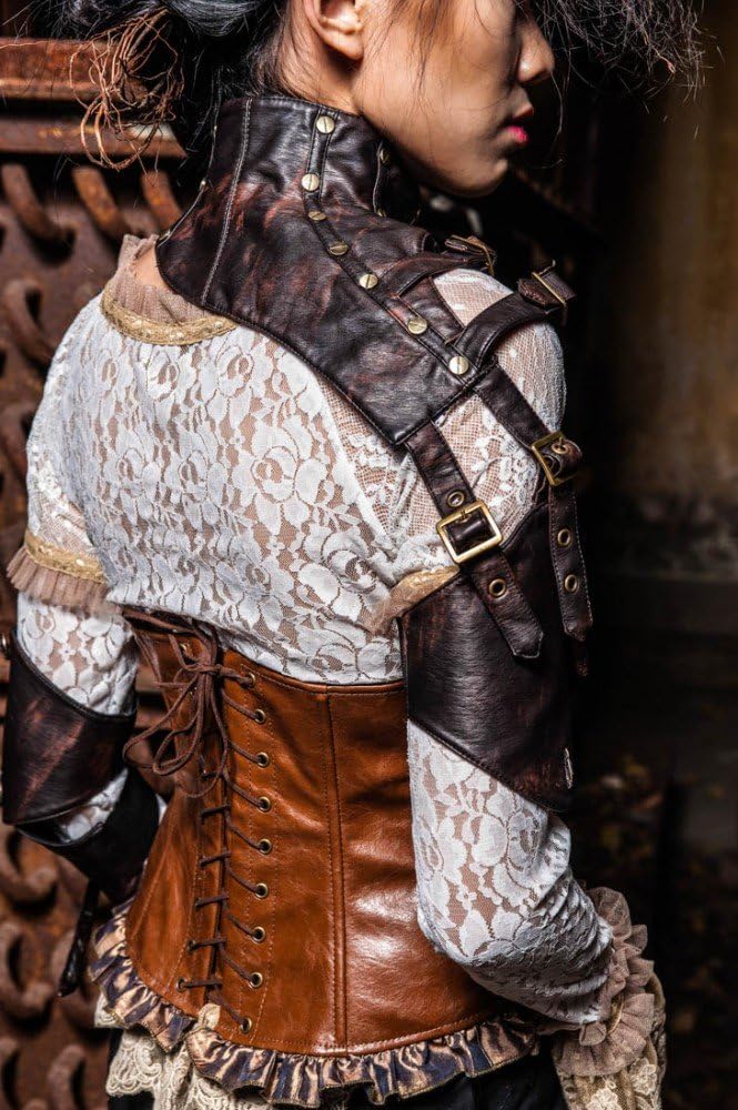 RQ-BL Steampunk EINSEITIGE ARMSTULPE Kunstleder Vintage Leder ausgefallen Damen Rüstung, Grösse:L, L