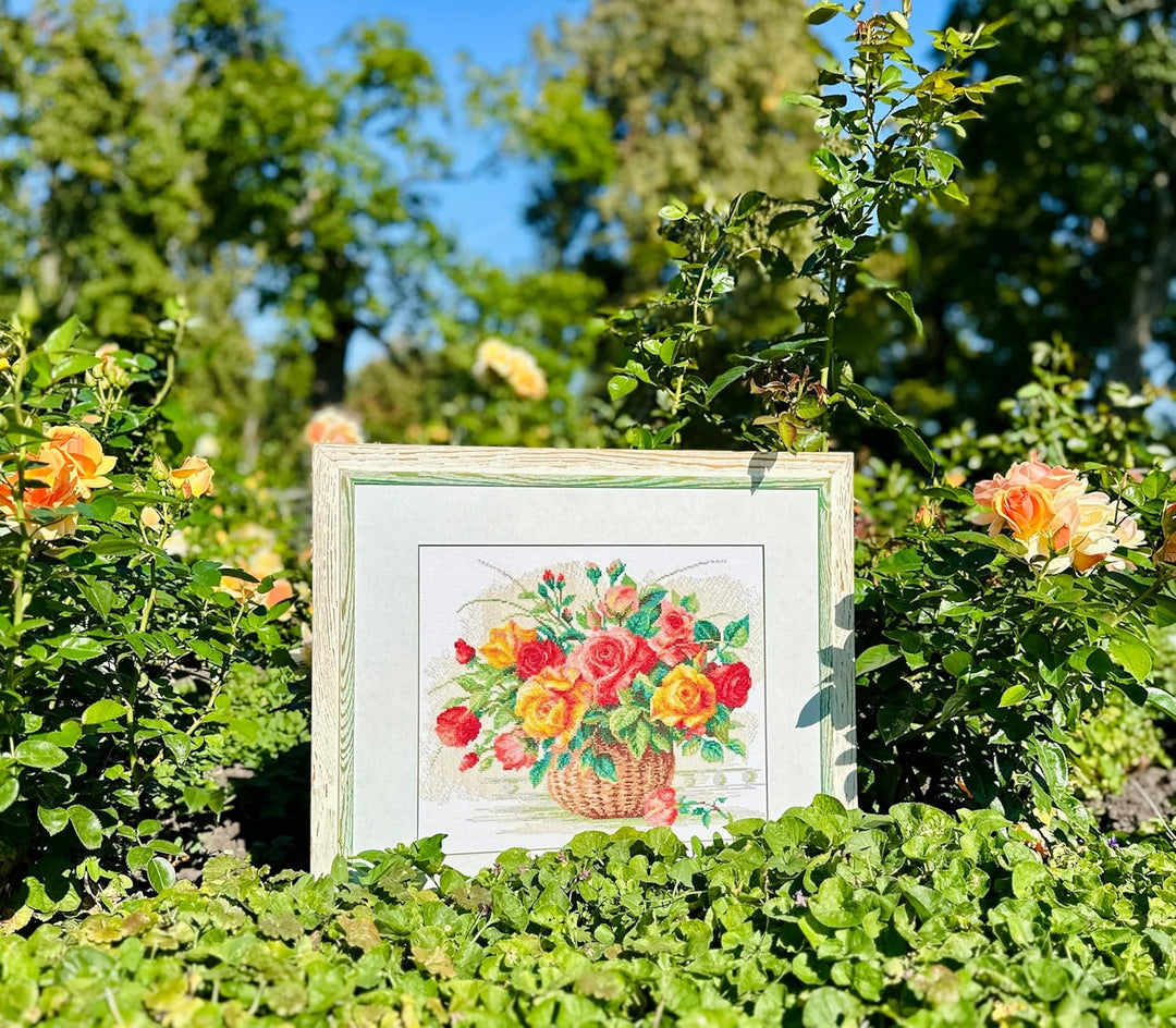 RIOLIS Korb mit Rosen Kreuzstich-Set, Baumwolle, Mehrfarbig, 35 x 30 x 0.1 cm