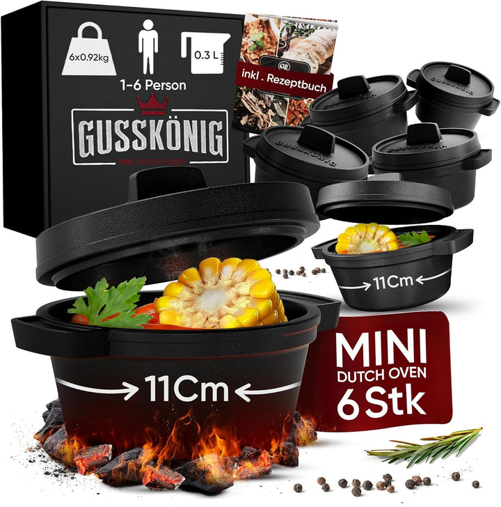 GUSSKÖNIG Dutch Oven Set Mini - 6x 300ml Gusseisen Mini Topf mit Deckel - bereits eingebrannter Mini