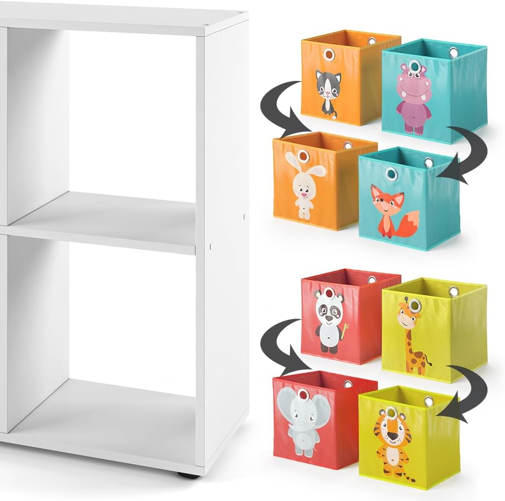 Vicco Kinderregal Tetra, Weiss, 72 x 72.6 cm mit 4 Faltboxen (rot/gelb) Weiss 4 Fächer Faltboxen: ro