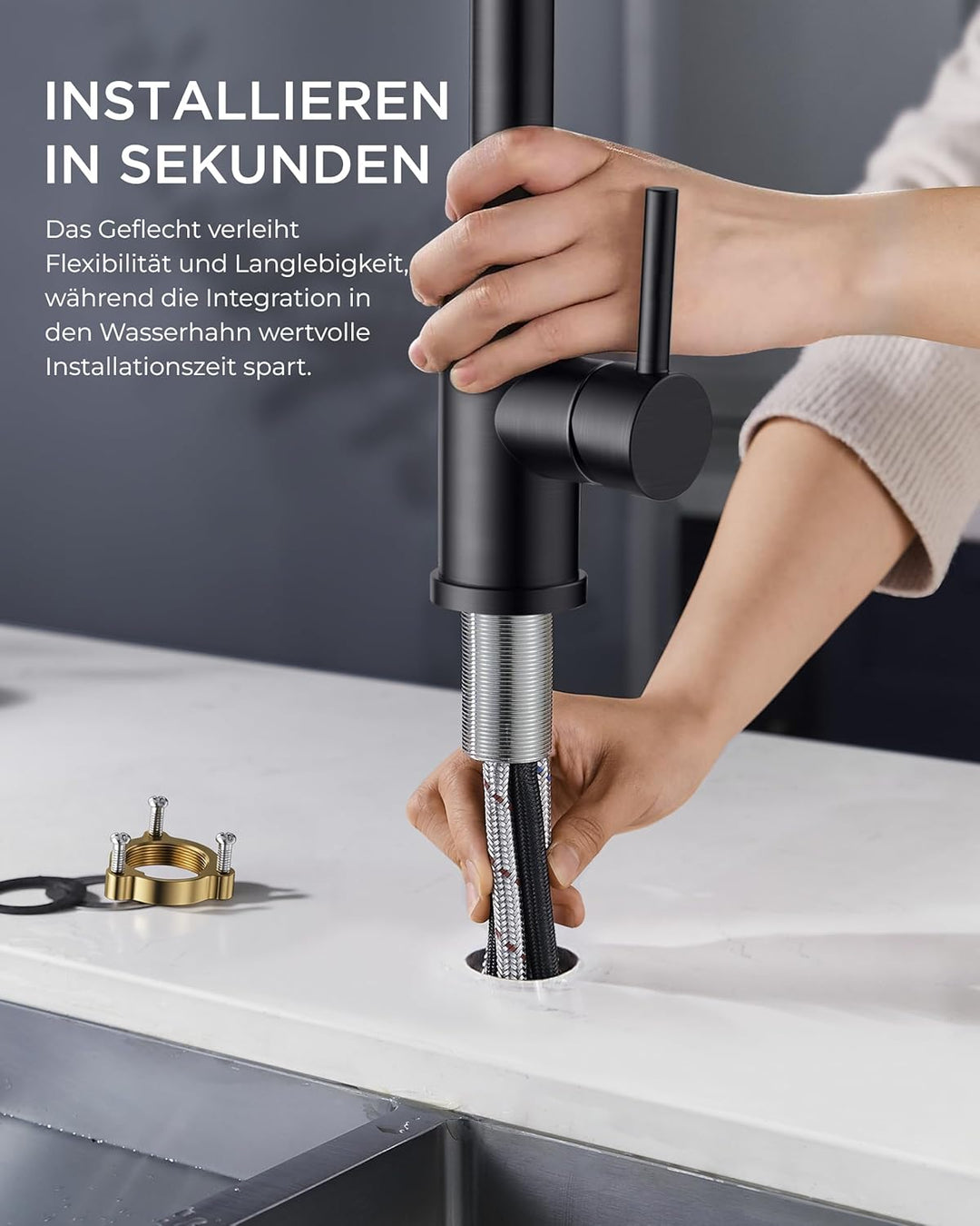 FORIOUS Wasserhahn Küche Schwarz, Küchenarmatur Ausziehbar mit Brause, Spültischarmatur Küche, L-för