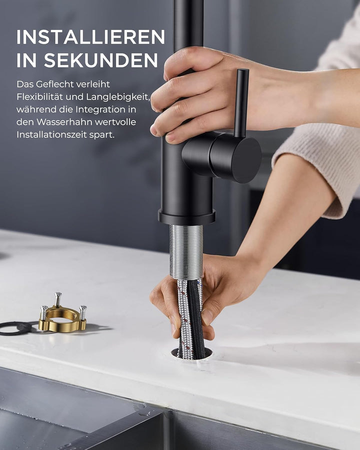FORIOUS Wasserhahn Küche Schwarz, Küchenarmatur Ausziehbar mit Brause, Spültischarmatur Küche, L-för