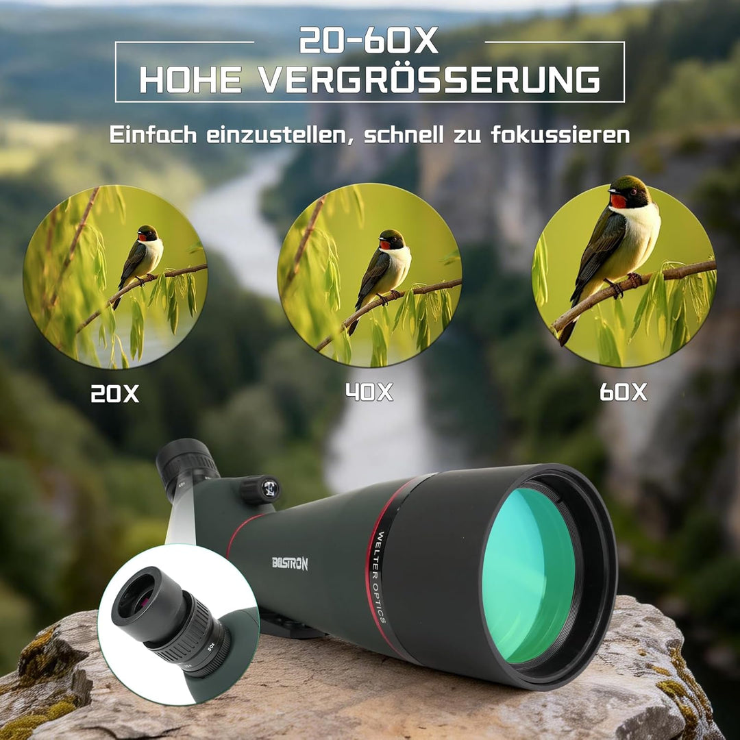 20-60 x 80 mm Spektiv mit Stativ, Porro Prisma FMC Objektiv -Low Light Vision mit Handy Adapter Trag