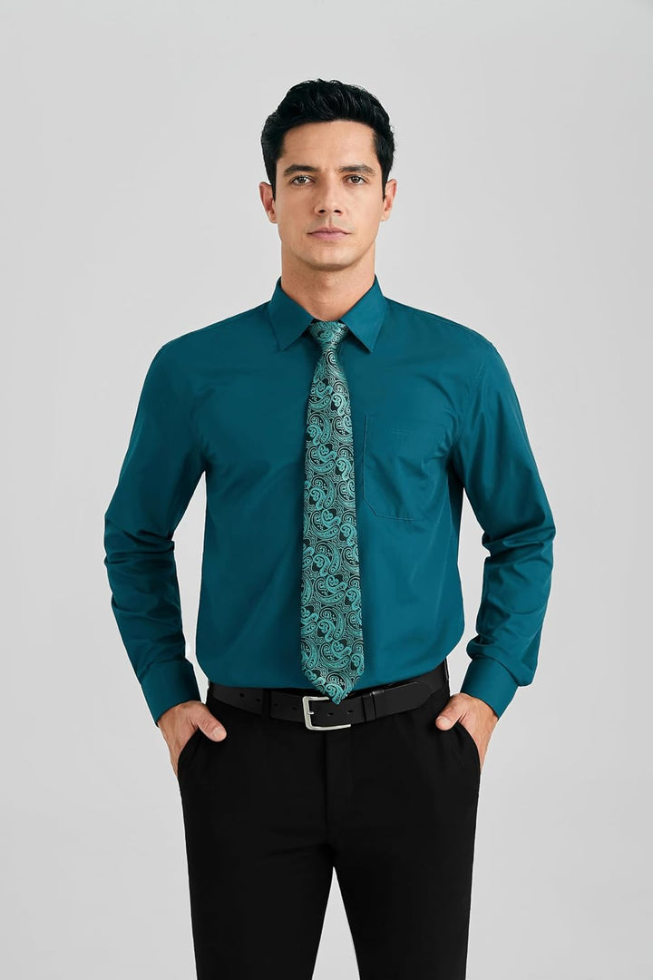 HISDERN Herren Hemd Langarm Einfarbige Hemden mit Krawatte und Taschentuch Formelle Businesshemd Hoc
