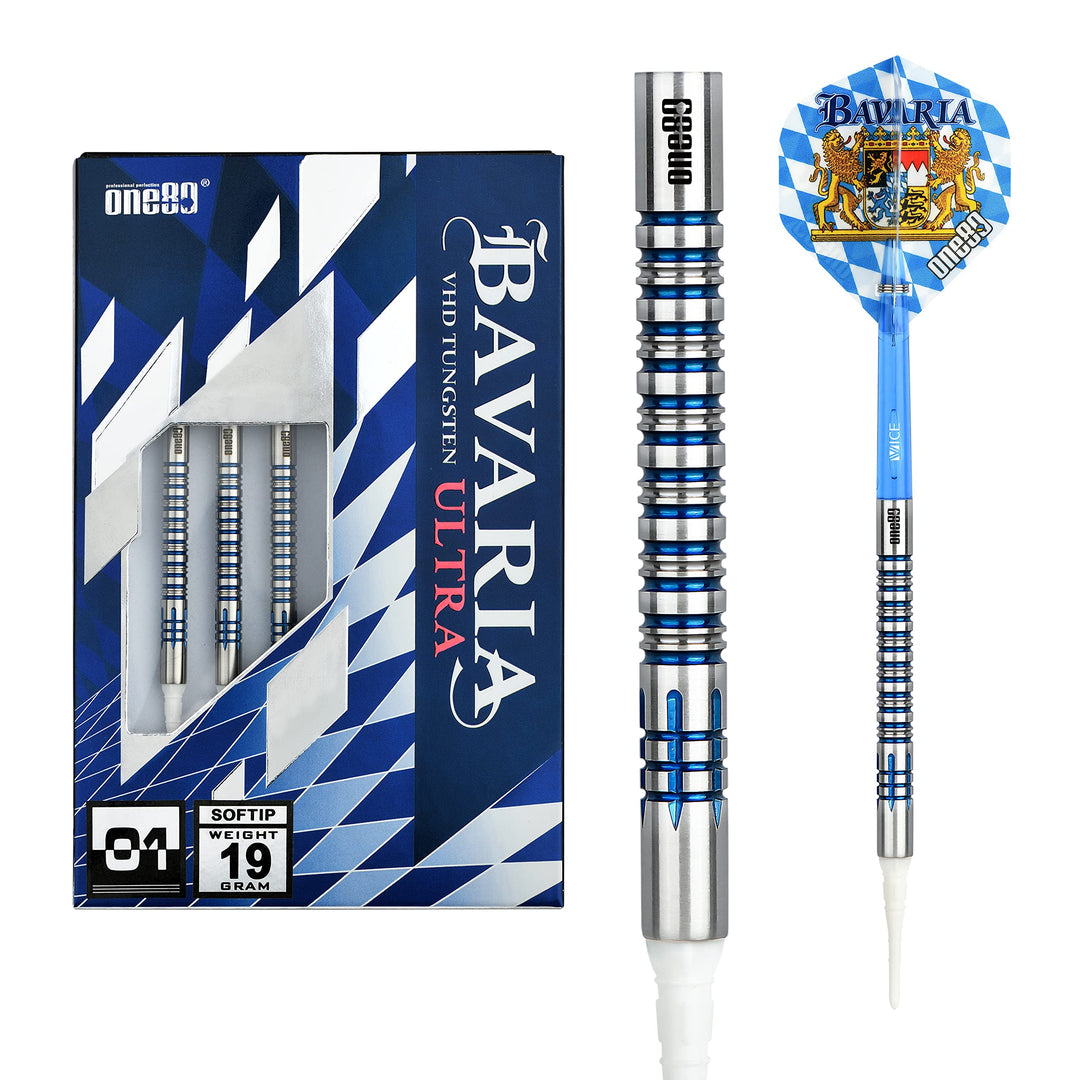 ONE80 Soft Dart Bavaria Ultra 90% Tungsten Softtip Dart Softdart Dartpfeil Set mit Bayern Flight 19