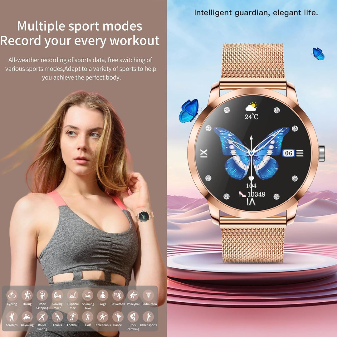 Smartwatch Damen mit Telefonfunktion, 1,09” Fitnessuhr mit 123 Sportmodi, Pulsmesser, Schlafmonitor,