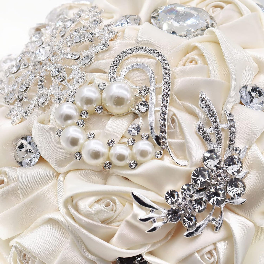 Fouriding Handgemachte Brosche Brautstrauss Braut Satin Rosen Blumen Strass Perlen Blumensträusse Ho