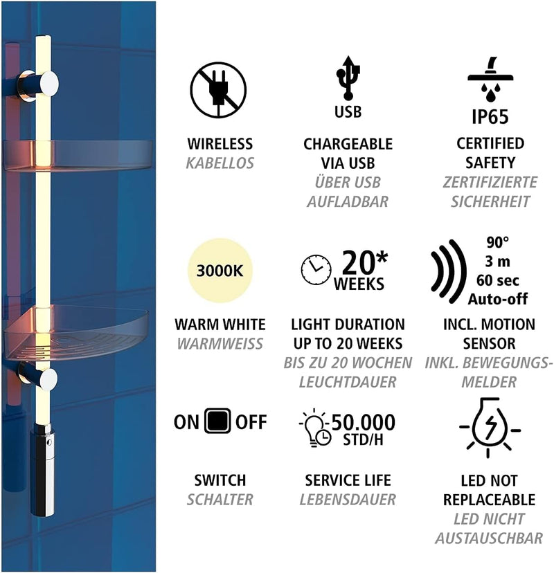 WENKO LED Duscheckregal, 2 Ablagen, Design-Duschstange mit integrierter, vollflächiger & energiespar