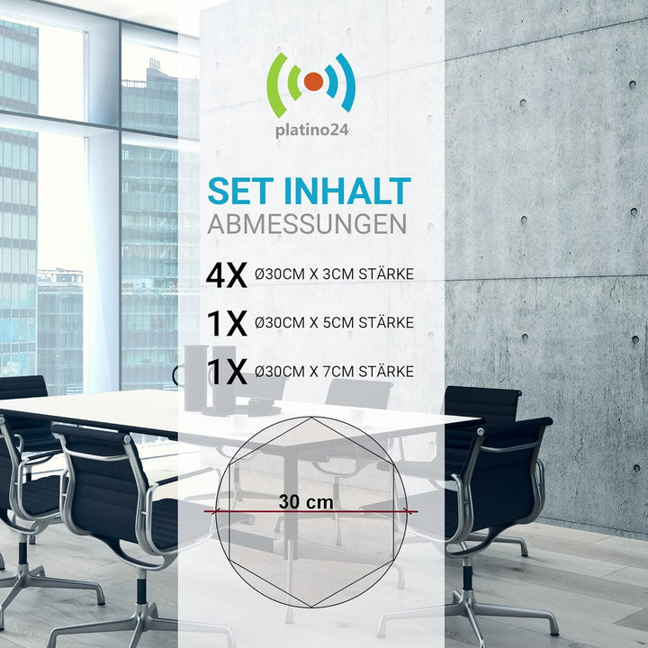 platino24 3D-Set Schallabsorber Hexagon aus Basotect G+, 6 Elemente 4x je Ø 300x30mm + 1x je Ø 300x5