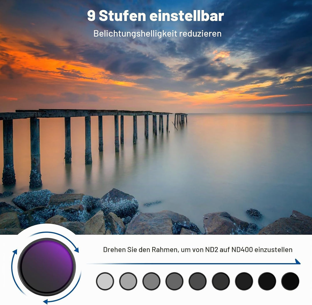 NEEWER 82mm ND2-400 (1-9 Stop) Variabler ND Filter mit Objektivdeckel Trageband Reinigungstuch präzi